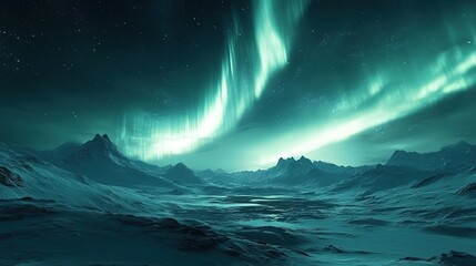Breathtaking view of the northern lights illuminating a serene, snowy landscape under a starry sky.