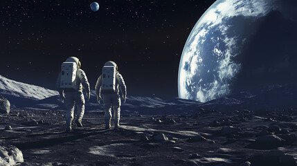 Obraz premium Two astronauts walk towards a lunar outpost, with a dramatic view of earth rising above the moon's horizon in the background. Lunar Surface. Illustration