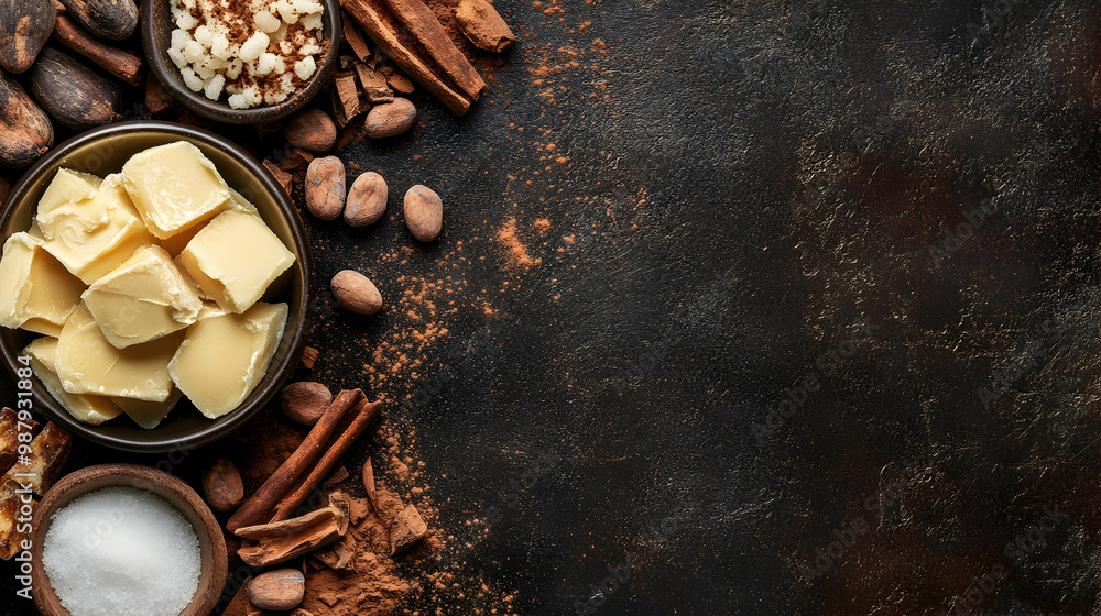 Poster cocoa butter pieces with cinnamon cocoa beans and sugar on dark background overhead view with empty 