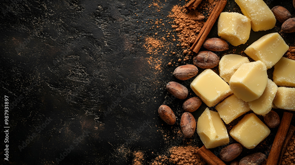 Poster overhead view of cocoa butter pieces alongside cinnamon, cocoa beans, and sugar on a dark background