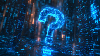 Fototapeta premium question mark blue neon lighting tech technology ask for help faq digital concept network communication connection net connected points glowing