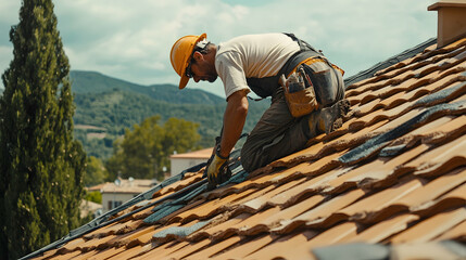 A construction worker repairing tile roofing.