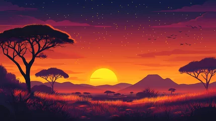 Vector illustration of an african landscape at sunset. Savannah Sunset. Illustration