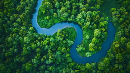 Fototapeta premium Unique aerial view of a winding river cutting through a vibrant green forest, save the planet concept. world enviroment day. generative ai. Winding River. Illustration