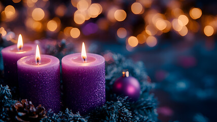 Advent Candles. Christmas Purple Candlelights with Fir Branches and Decorations and Defocused...