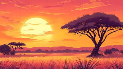 Vector illustration of an african landscape at sunset. Savannah Sunset. Illustration