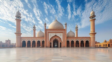 Fototapeta premium A stunning view of an Islamic mosque with grand architecture under a blue sky, showcasing intricate design and symmetry.