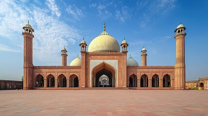 Fototapeta premium A stunning view of a grand mosque under a blue sky, showcasing intricate architecture and timeless beauty.