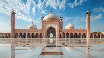 Fototapeta premium A stunning view of a grand mosque featuring intricate architecture and a serene sky, perfect for cultural and travel themes.