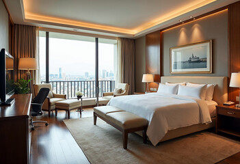 Luxurious hotel room with modern design, inviting decor, and natural light for a cozy retreat.






