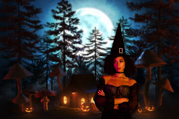 Poster banner collage of lady in witch costume cross hands over dark forest house image background