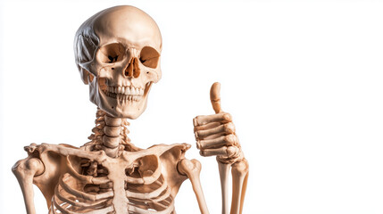 A human skeleton model giving a thumbs up gesture, symbolizing approval, positivity, and humor