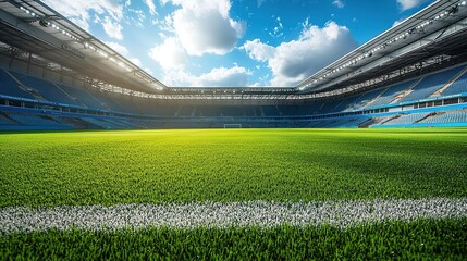 Fototapeta premium Vibrant green soccer field under a blue sky, stadium lights illuminating the pitch, perfect for sport or event-themed visuals.