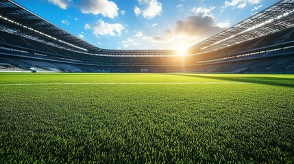 Fototapeta premium A stunning view of a sports stadium at sunrise, showcasing a vibrant green field and an expansive sky filled with clouds.