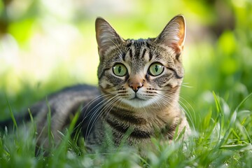Cute tabby cat laying in green grass, looking at the camera