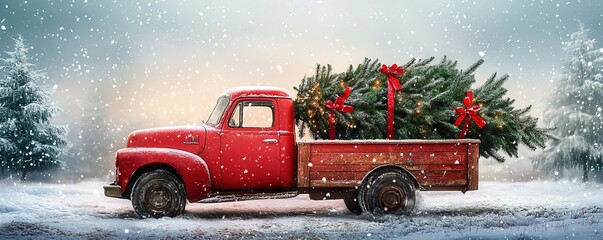 A charming red truck laden with a festive Christmas tree, surrounded by a serene snowy landscape, evoking holiday cheer and nostalgia.
