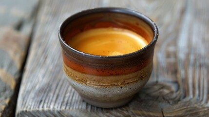 Handmade Ceramic Cup on Rustic Wooden Table with Warm Autumn Surroundings