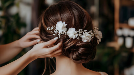 Naklejka premium Hairdresser making an elegant hair styling bride with white flowers in her hair