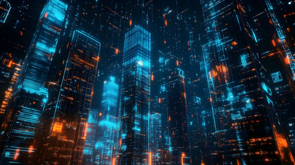 Fototapeta premium Hologram interface concept with futuristic skyscraper building for technology and business presentation. High-rise buildings in a big city at night with vivid neon blue and orange lighting