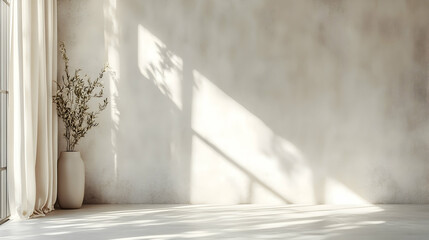 home design ideas mock up creative background white concrete wall with beige curtain hanging on the wall with sun light make shade from shadow frame house beautiful,generative ai