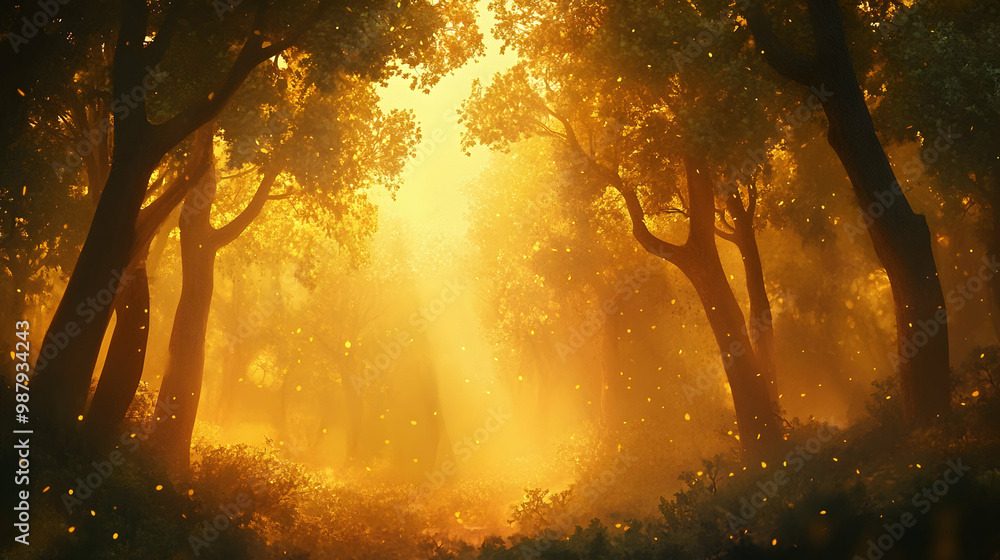 Poster magical forest scene with warm, golden light filtering through trees, creating an enchanting ambianc