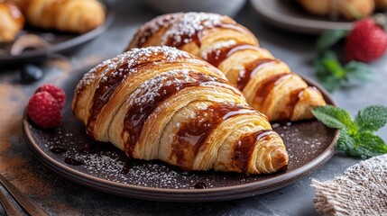 Fresh France plane croissant on bakery restaurant , Homemade croissants on cafe.Dessert breakfast in France, generated AI