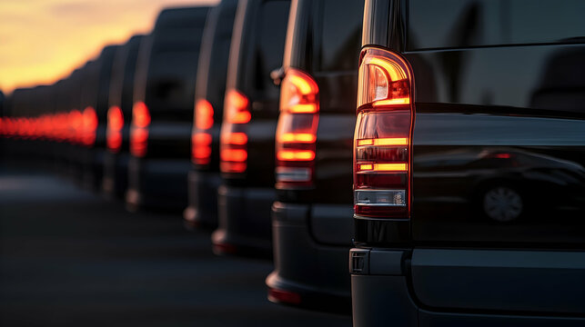 1. A line of black luxury vans is stationed at a car dealership, showcasing a close-up perspective of their tail lights illuminated by the setting sun. - Powered by Adobe