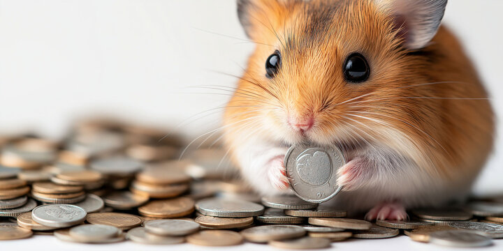 Hamster holding a coin, surrounded by money, representing financial savings, budget planning, and economic inflation concept
