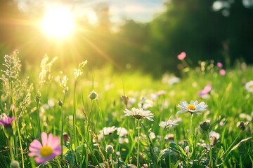 Sun shining on meadow with green grass and colorful wildflowers