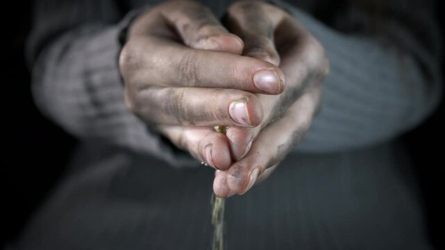 Needy dirty hands with food. A needy female with dirty hands hold rice and save food during starvation time.