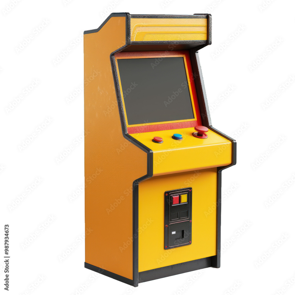Poster retro arcade game machine with joystick and buttons is standing on white background