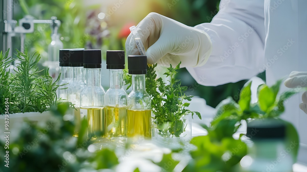Poster a scientist in a lab coat filling bottles with liquid extract from herbs