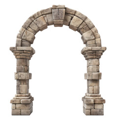 Obraz premium Old stone archway standing on a white background, its weathered stones hinting at a rich history