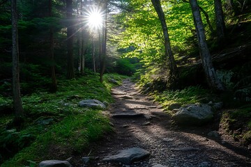 Sun shining through the trees on a forest path