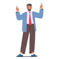 Confident Businessman With Fingers Crossed Wearing A Blue Blazer And Red Tie Standing In A Positive Pose, Cartoon Vector