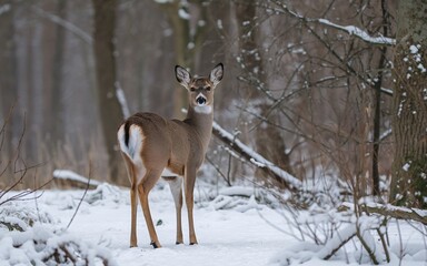 A white-tailed deer stands in a snowy forest, looking back at the camera.