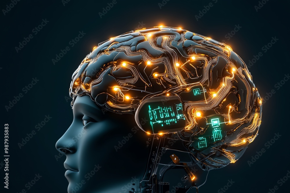 Poster futuristic brain implant, with glowing wires and digital circuits connecting to advanced technology