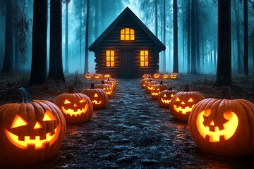 Obraz premium Foggy forest, with a spooky cabin in the distance, glowing jack-o'-lanterns lining the path to the door
