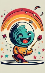 A surreal scene featuring palm trees growing from a plate of noodles with a rainbow and crescent moon.
