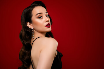 Photo of stunning attractive lady model wearing jewelry spring collection dress isolated on red...