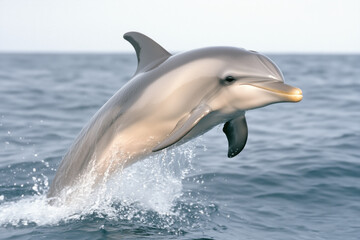 A lively dolphin leaps out of the ocean, captured mid-air with water splashing