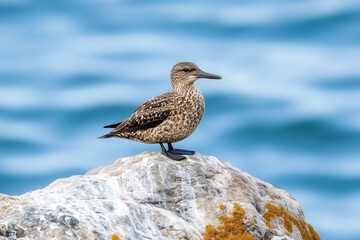 Obraz premium A speckled seabird calmly perches on a rock by the ocean, with a serene blue water backdrop