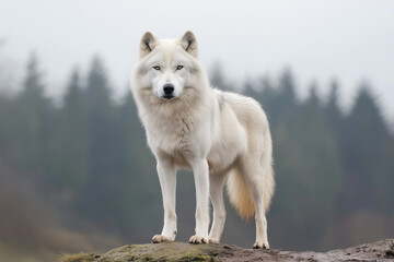 Obraz premium A striking white wolf standing on a rock with a forest backdrop
