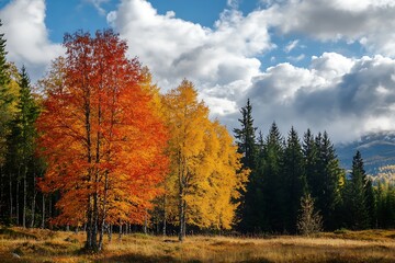Obraz premium Autumn foliage in a forest with bright orange and yellow trees