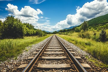 Fototapeta premium Endless Railroad Tracks Leading to Green Field and Blue Sky