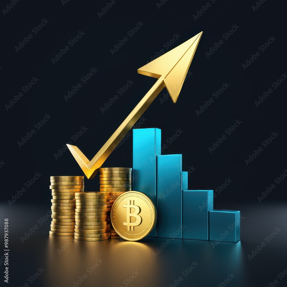 Poster a visual representation of cryptocurrency growth with coins and a rising graph.