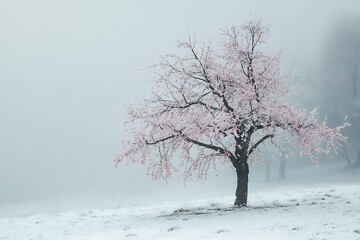 Fototapeta premium Solitary Tree in Winter Landscape with Fog and Snow