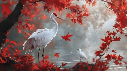 Stunning watercolor of crane bird set in classic Japanese environment image