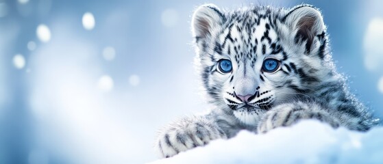 Snow Leopard Cub in Snowy Landscape.