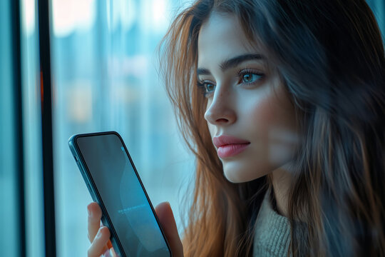 Businesswoman engaged in biometric phone activity while gazing thoughtfully through a large window at a bustling cityscape